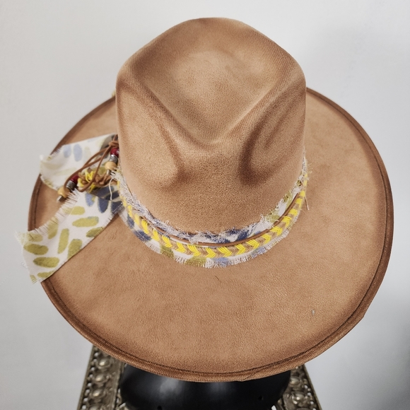 Light Tan Faux Suede Sun Hat with Crystal Gem and Fabric Band - Picture 5 of 10